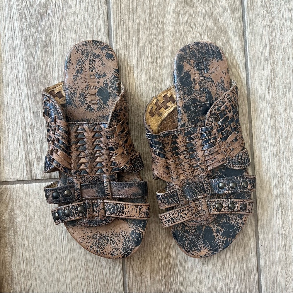 BED|STU Brown and Black Woven Leather Slide Sandals